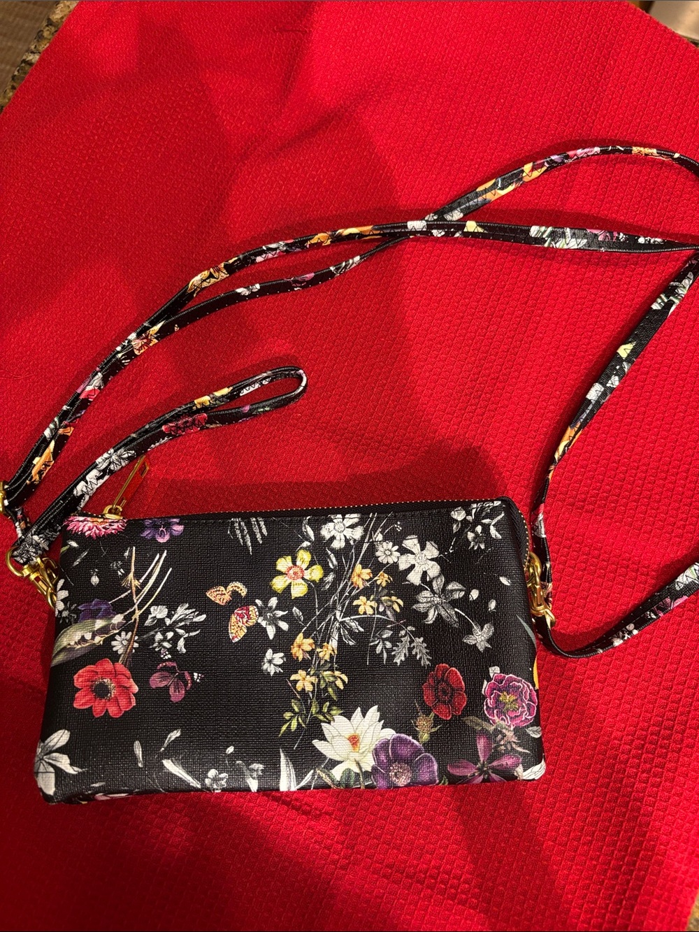 Black Floral Crossbody Wristlet with Detachable Strap